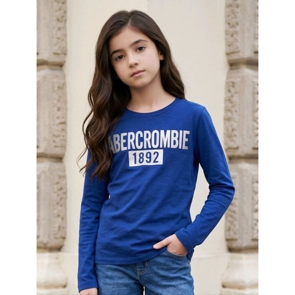 Abercrombie Kids Girls 7/8 Blue Long Sleeve Tee Holographic 1892 Logo Shirt